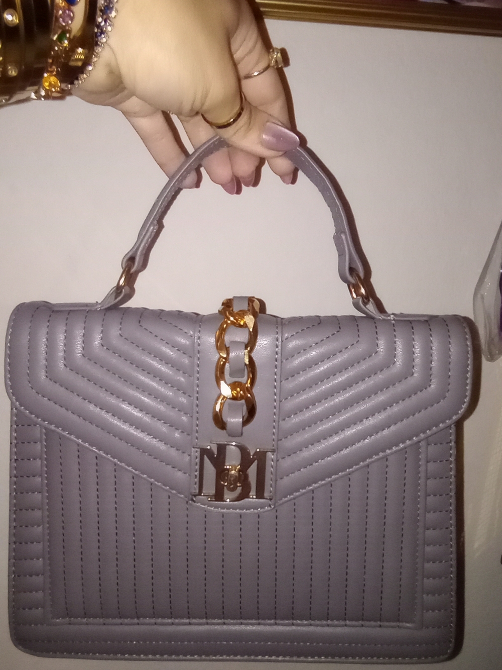 Badgley Mischka Gray Quilted Satchel with Gold Turn Lock And Hardware